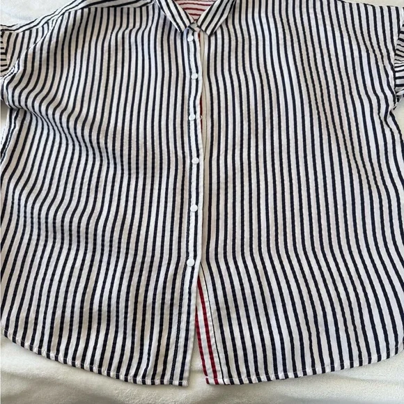 Zara Striped Button-Down Shirt in Navy, White & Red Trim - Picture 2 of 4